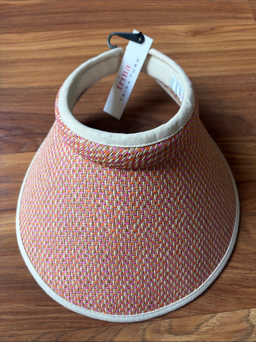 Trina Turk Pink & Orange Woven Straw Visor with Cream Trim